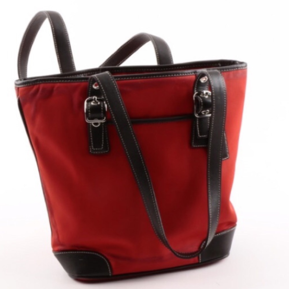 Coach Red Nylon & Leather Bucket Tote Bag